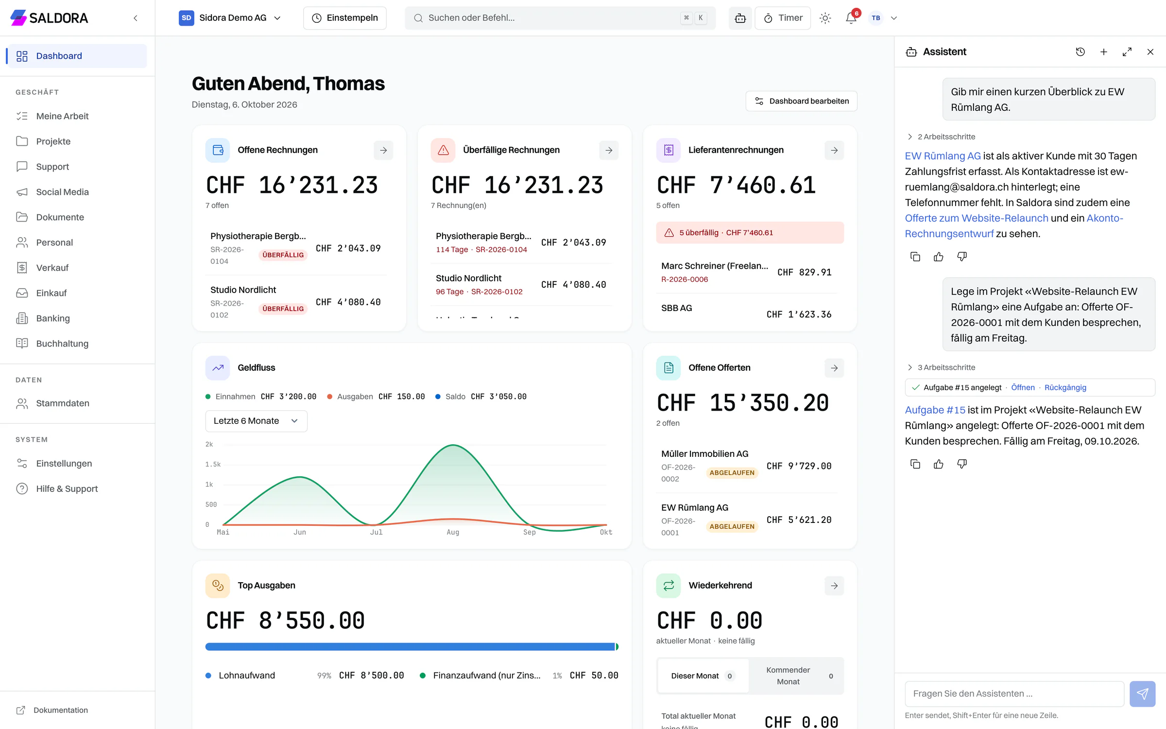Saldora Dashboard mit KI-Assistent
