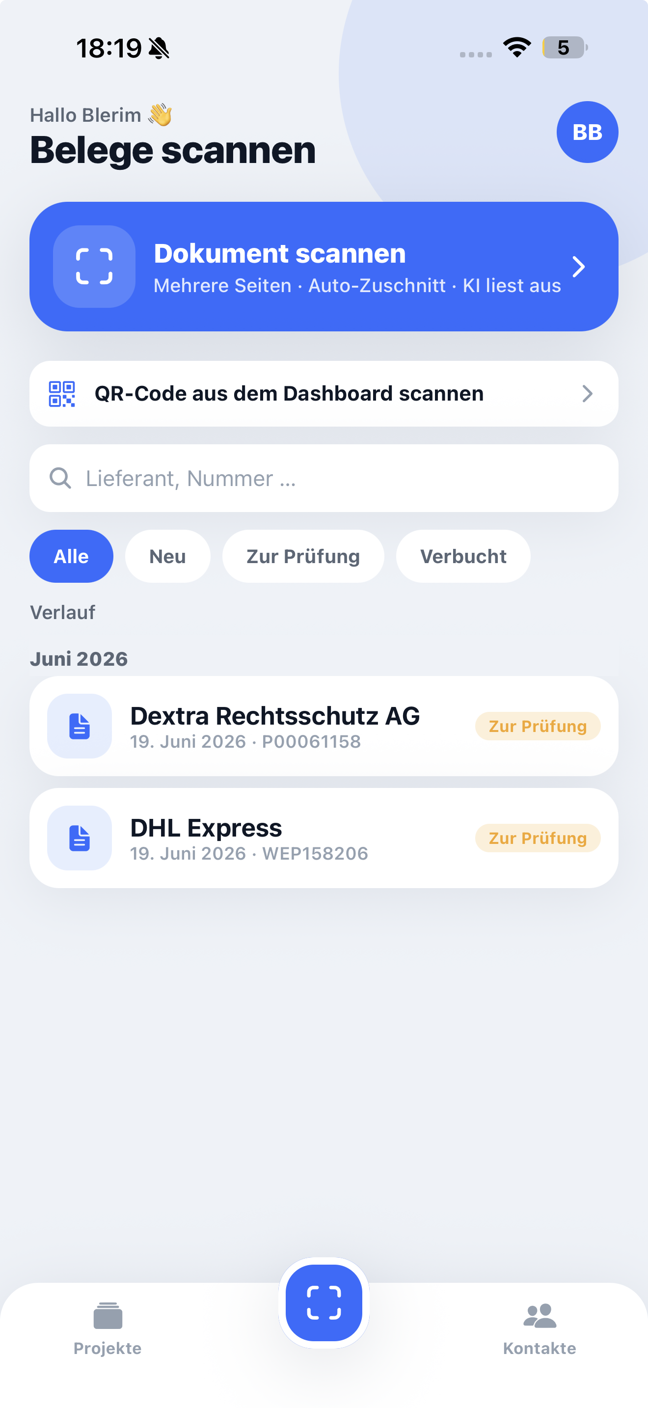 Saldora App — Belege scannen